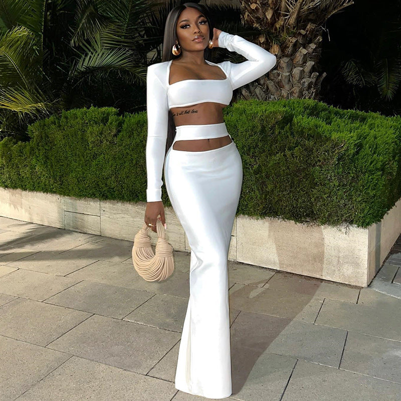 Solid Color Long Sleeves Skirt & Top Two-Piece Set (7524301963352)