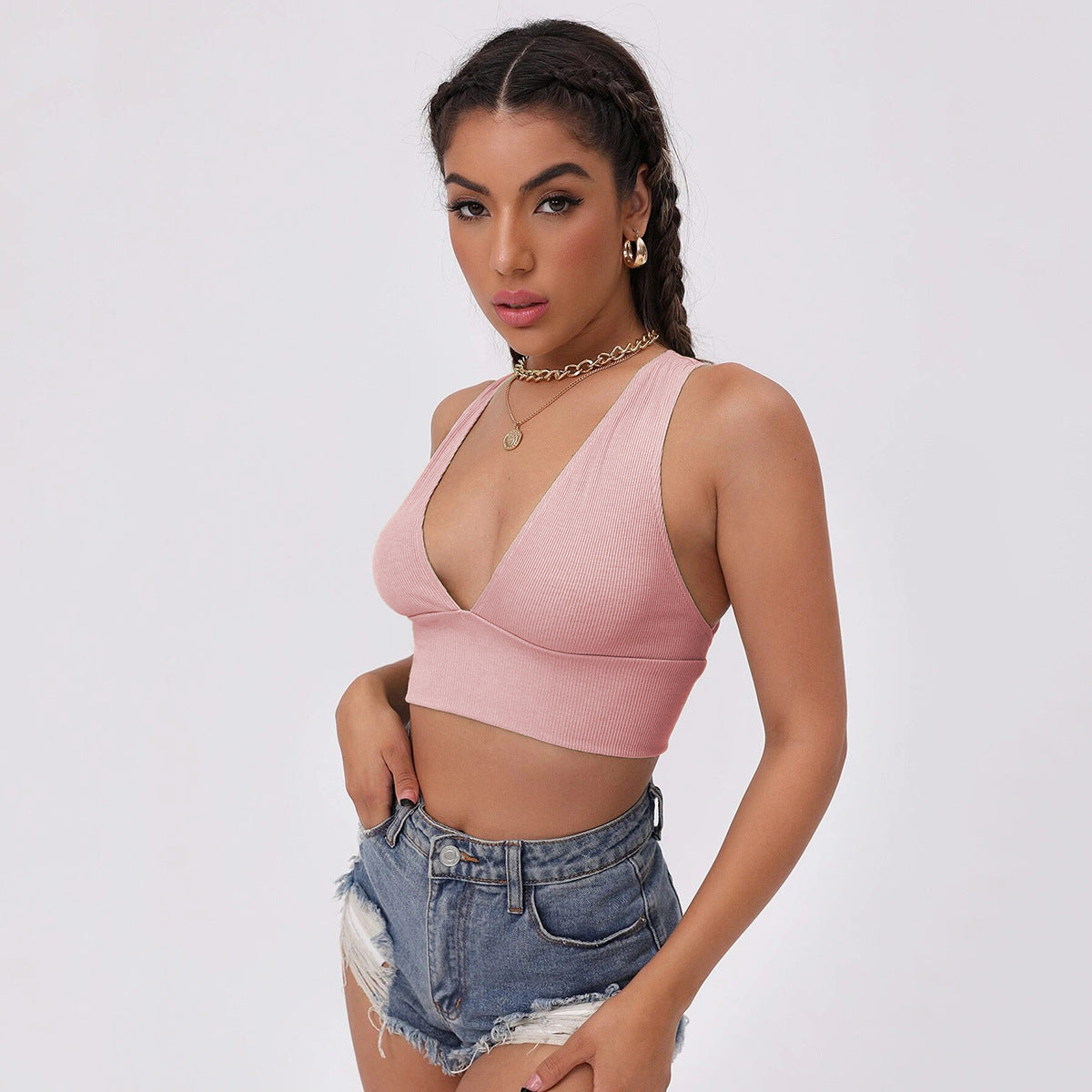 Slim-Fitting Solid Color V-Neck Top Sling Backless Vest Crop-Top