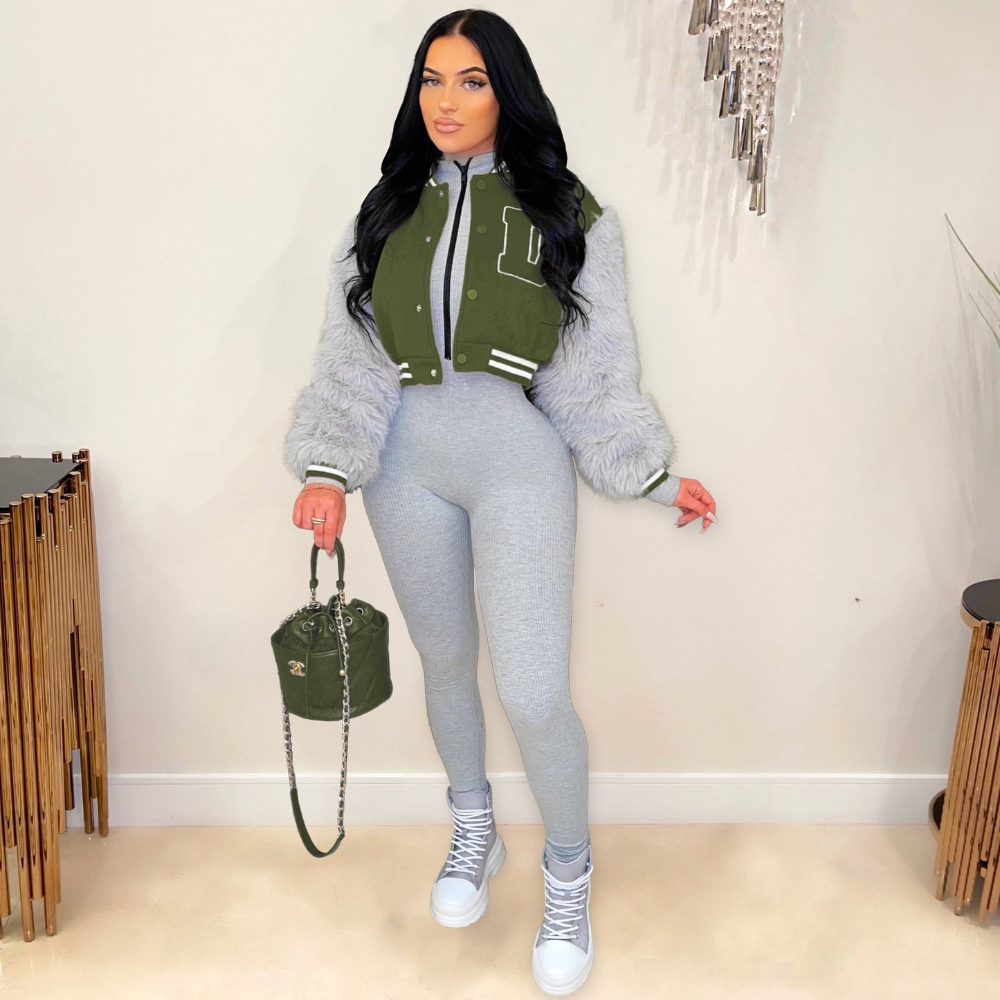 Women Clothing Casual Fur Sleeve Short Varsity Jacket (7525013389400)