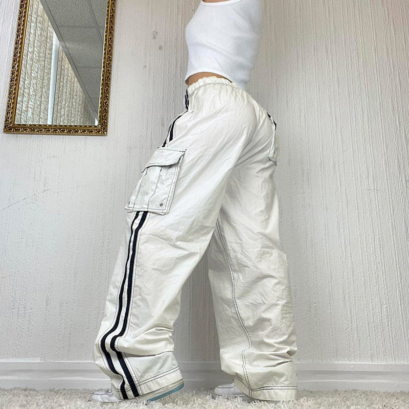 Drawstrings White/Black Ribbon-Pocket Stitching Straight Leg Pants Jeans