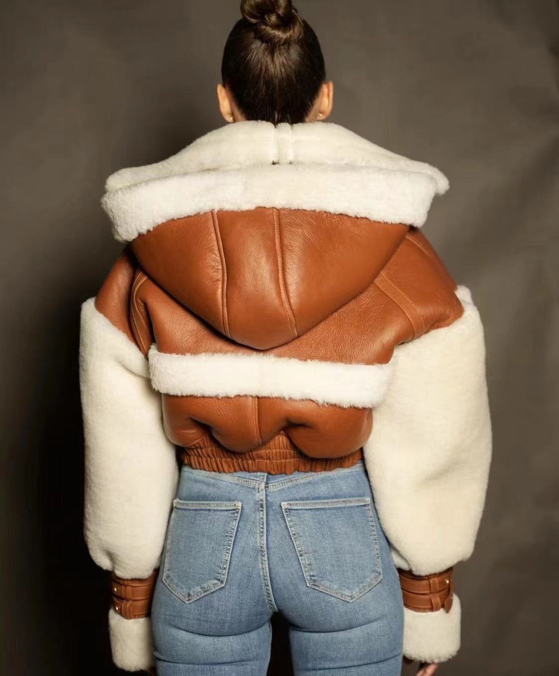 Retro Patchwork Contrast Color Hooded Motorcycle Lamb Coat (7524290330712)