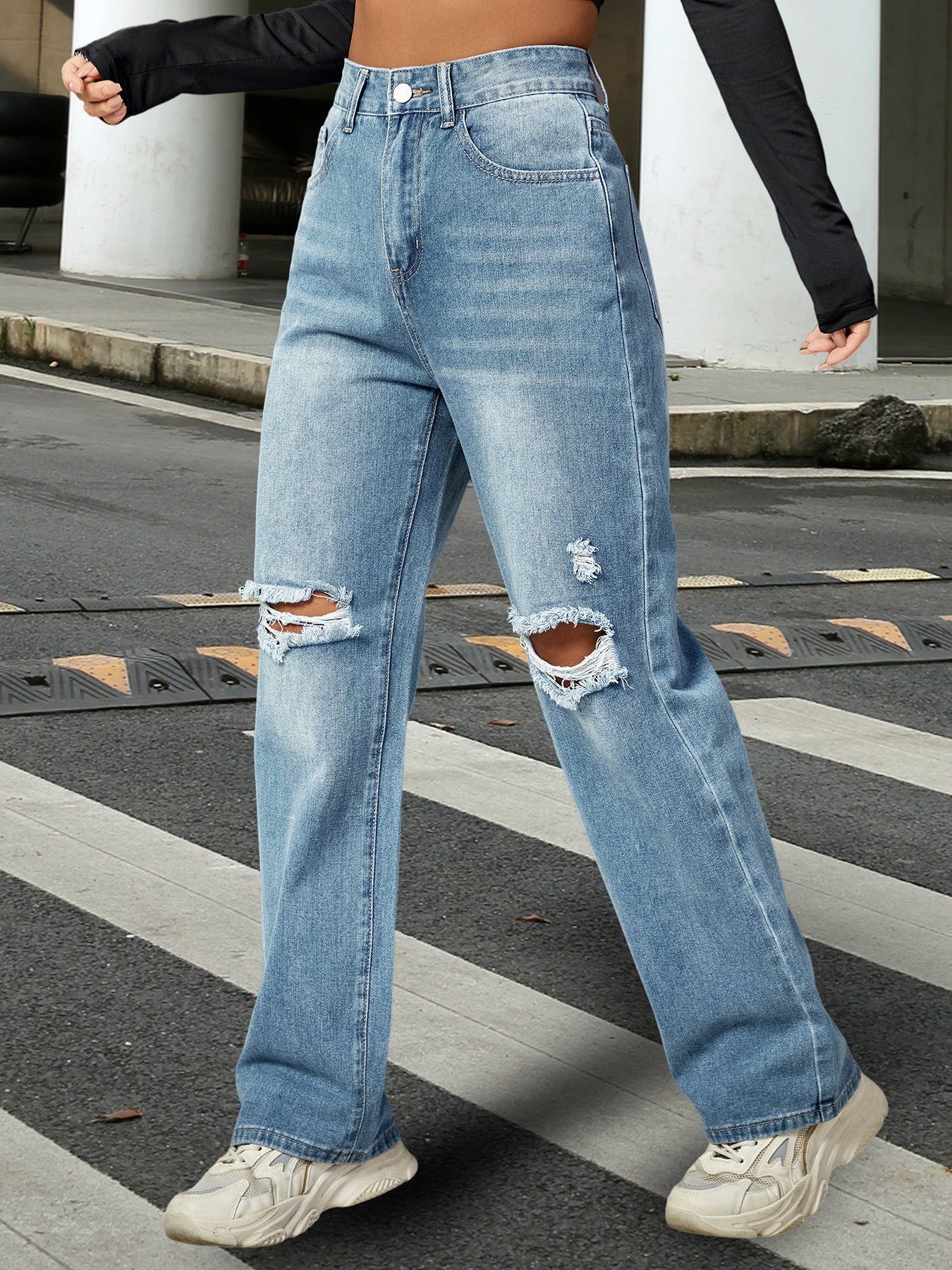Wide Leg Straight Leg Distressed Denim Jeans