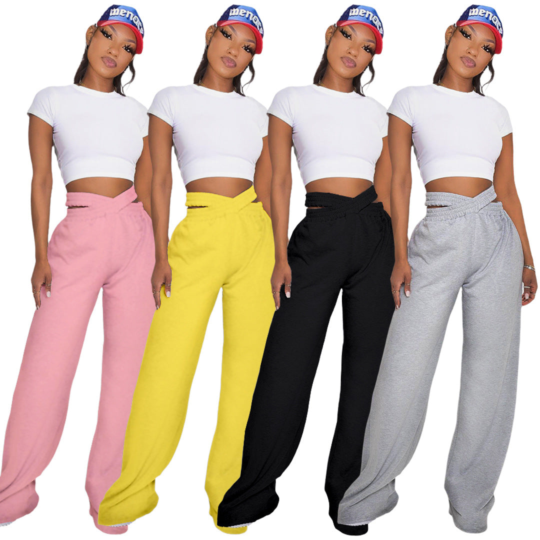 Solid Color Double-Layer Waistband Wide-Leg Pants