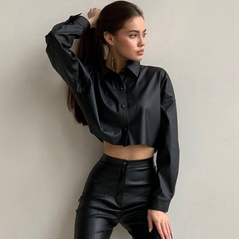 Solid Color Long Sleeves Faux Leather Cropped Batwing Shirt (7524302848088)
