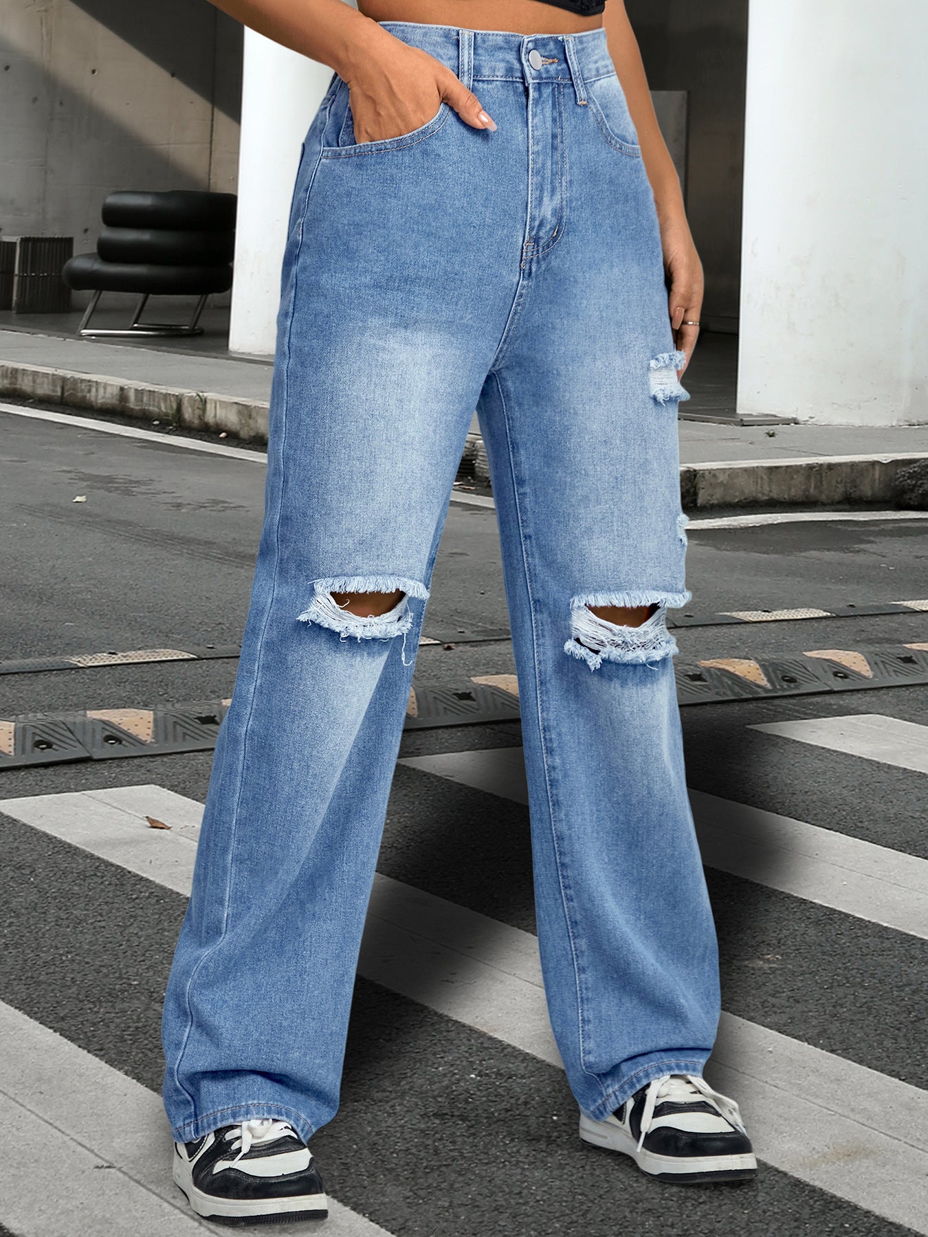 Distressed High-Waist Straight Leg Denim Jeans