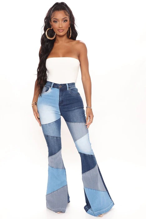 Contrast Color Stitching Wide Leg Denim Jeans
