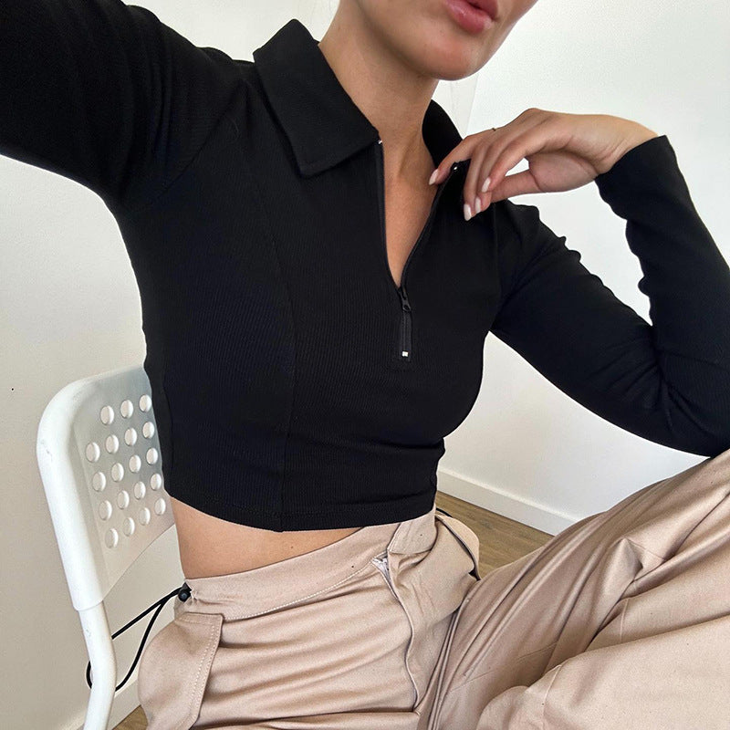 Solid Color Line Split Collared Zipper Basic Cropped Top