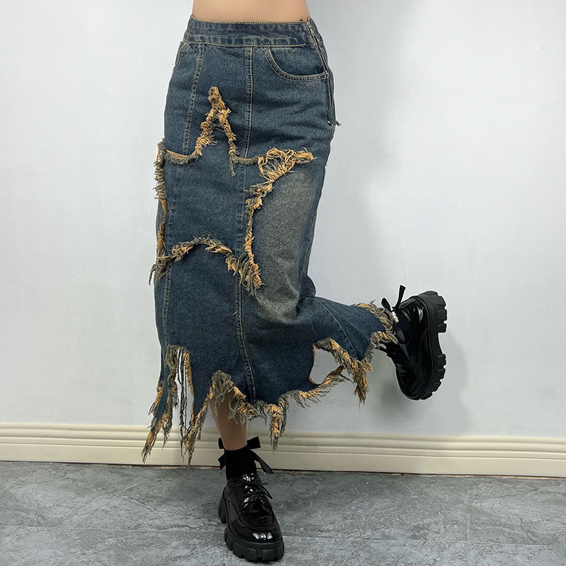Retro High-Waist Asymmetric A-Line Star-Stitch Denim Skirt (7522342043736)