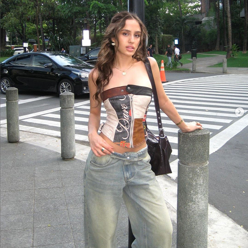 Retro Printed Off-Neck Slim Zipper Vest Tube Top (7517936320600)