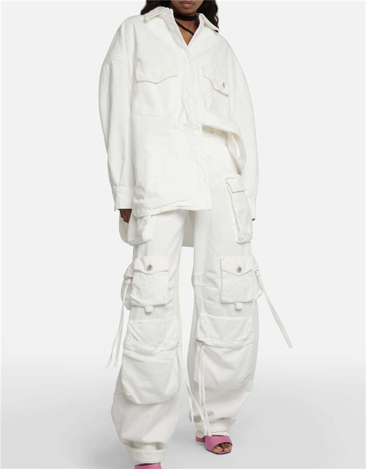 Industry Distressed-Washed Multi-Pocket Wide Leg Workwear Denim Jeans