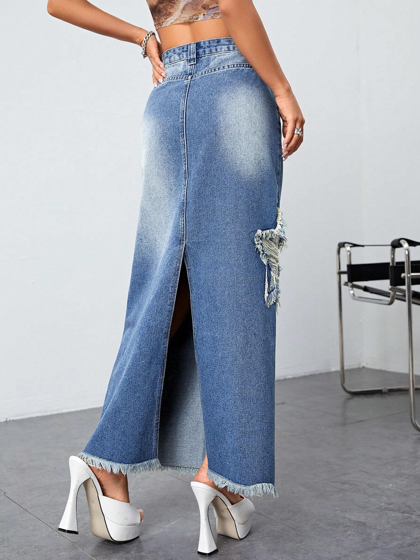 Frayed - High-Waist Slit Jeans No Belt Stars Denim Skirt (7522338209880)