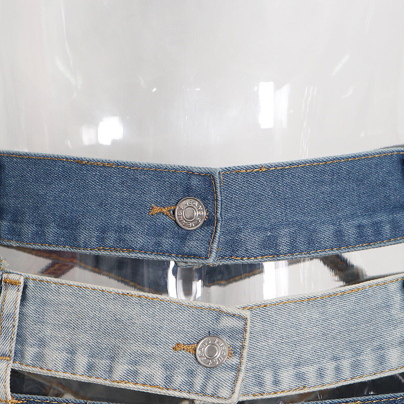 Much Denim - Color Contrast Patchwork Hollow Out Cut-Out Buckle Tools Short Skirt (7519198609496)