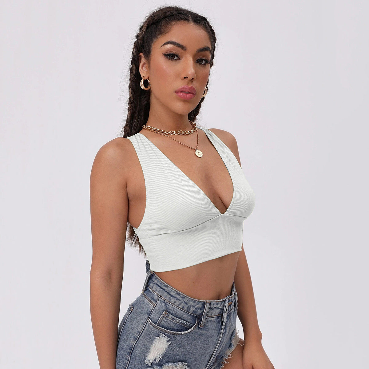 Slim-Fitting Solid Color V-Neck Top Sling Backless Vest Crop-Top