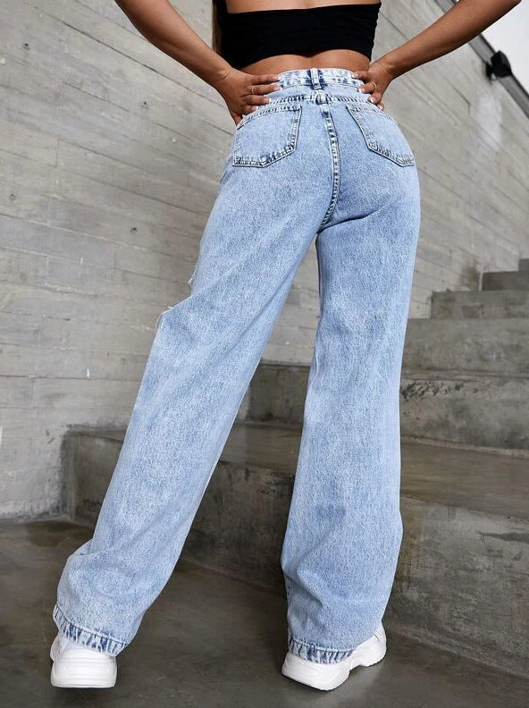 Retro High-Waist Distressed-Washed Straight Denim Jeans