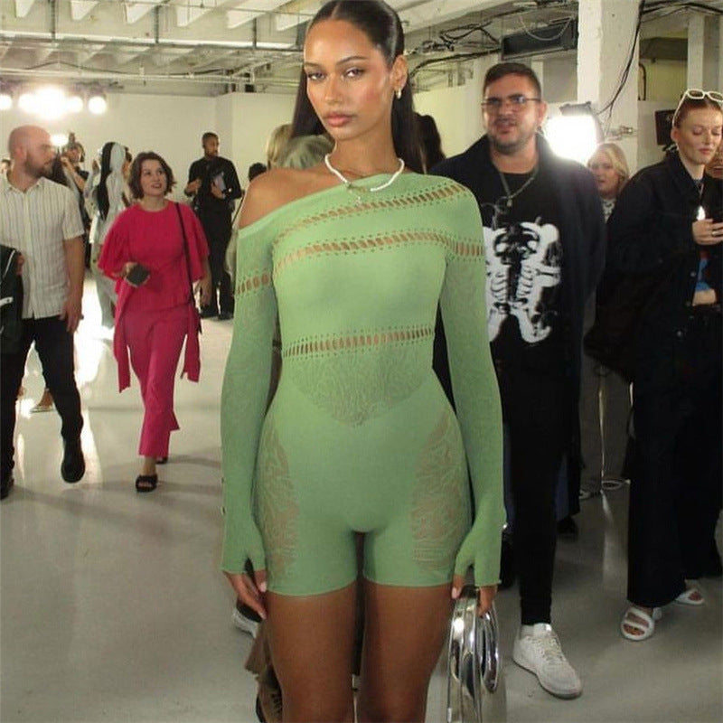 Shoulder-Jacquard Long Sleeves Fishnet Romper