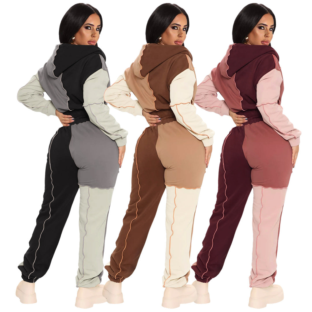 Multi-Fabric Zip-Up Hooded Stitching Sporty Two-Piece Set (7516840460376)