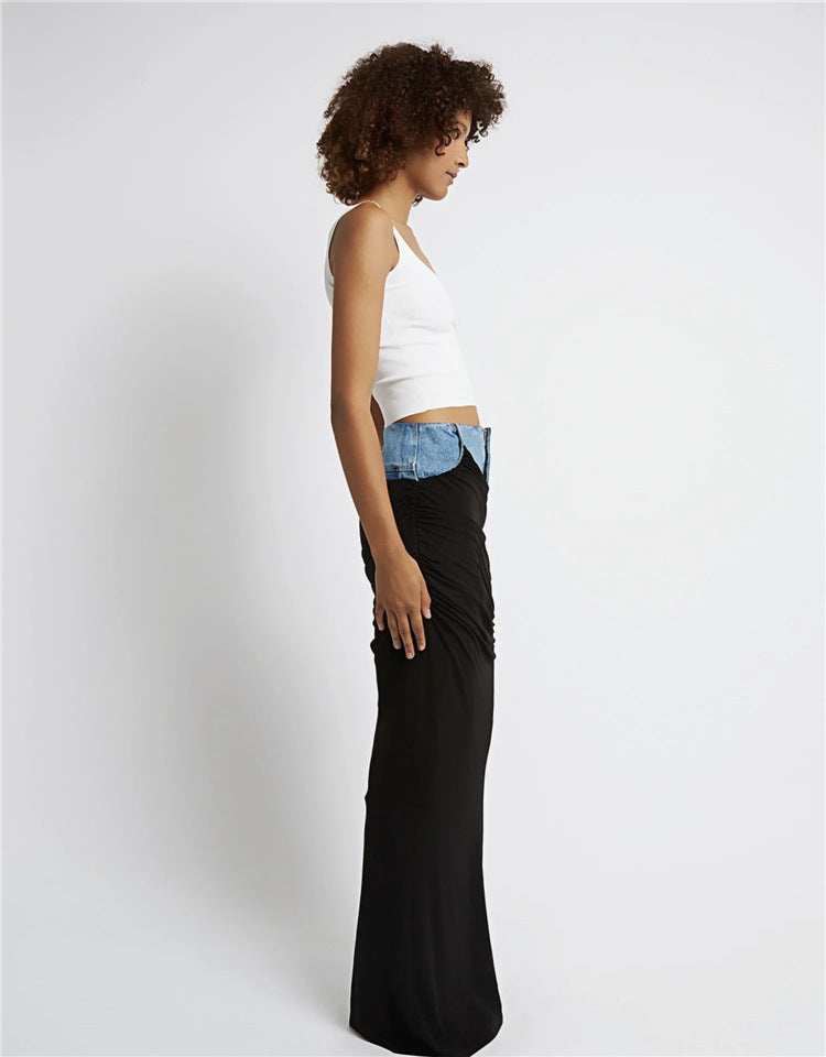 Modern High-Waist Solid Color Spandex & Denim Skirt (7522338603096)