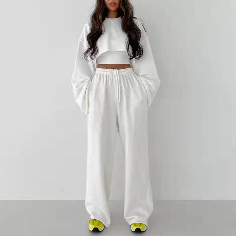 Pullover Long Sleeves Cropped Sweatshirt Sling Wide Leg Pants Three-Piece Set (7517823500376)