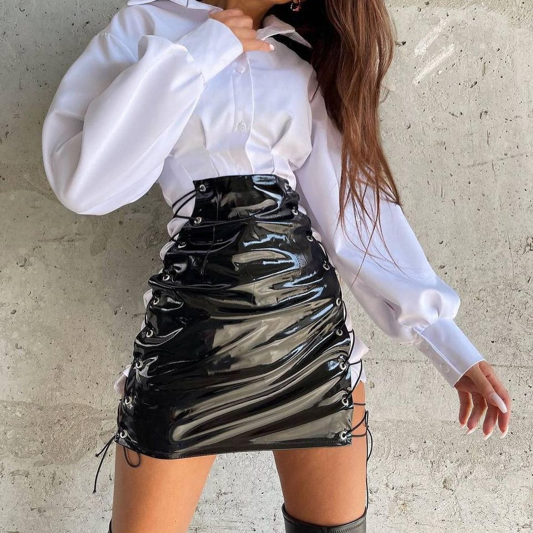 Faux-Leather High-Waist Lace-Up Stitching Skirt