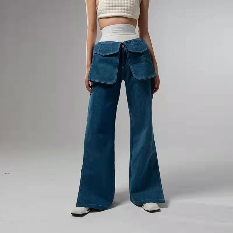 Detachable-Pockets Mid-Low Straight Leg Denim Jeans