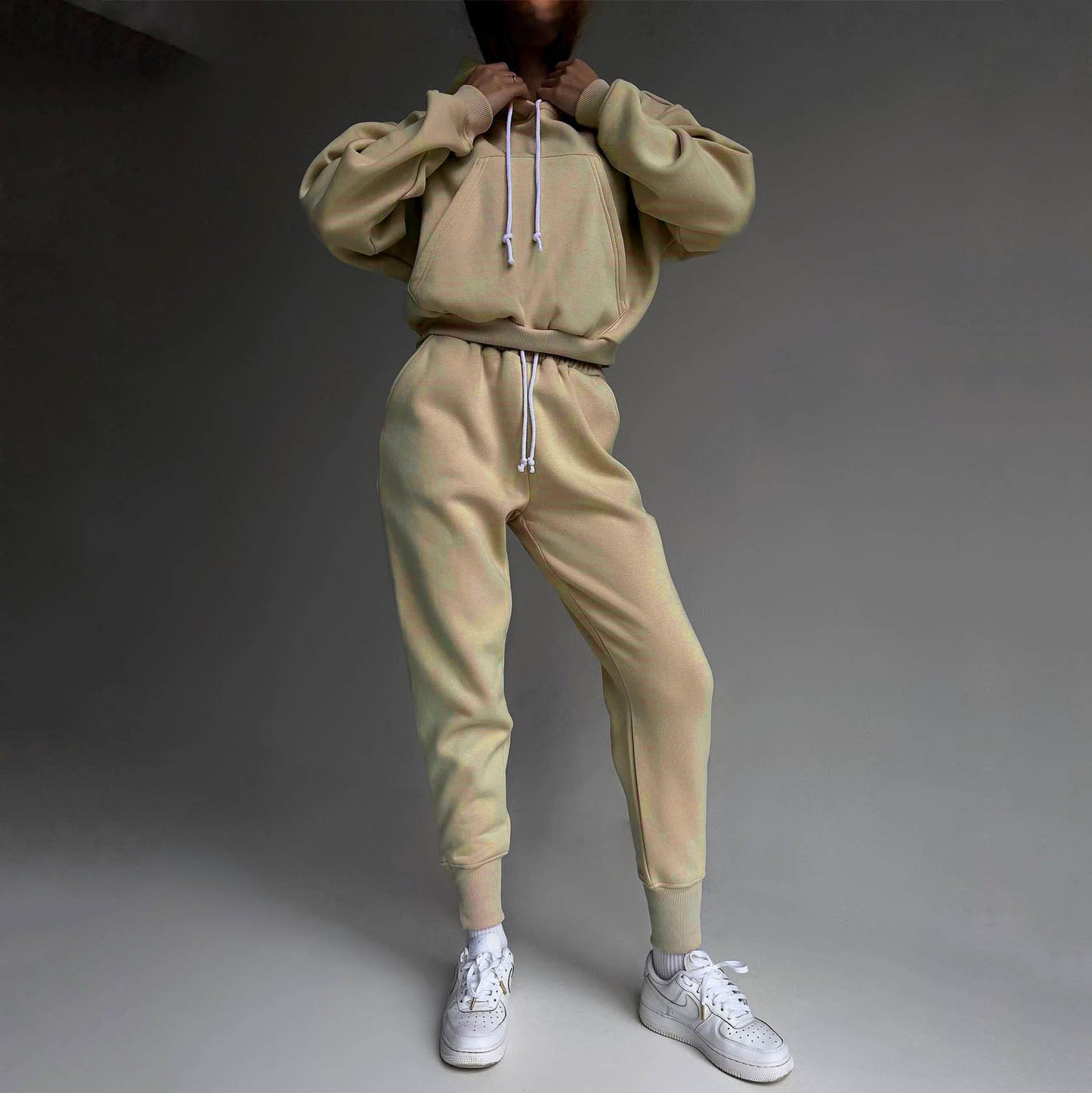 Hooded Sweatshirt & Sweatpants Two-Piece Set - Solid Color (7517801676888)