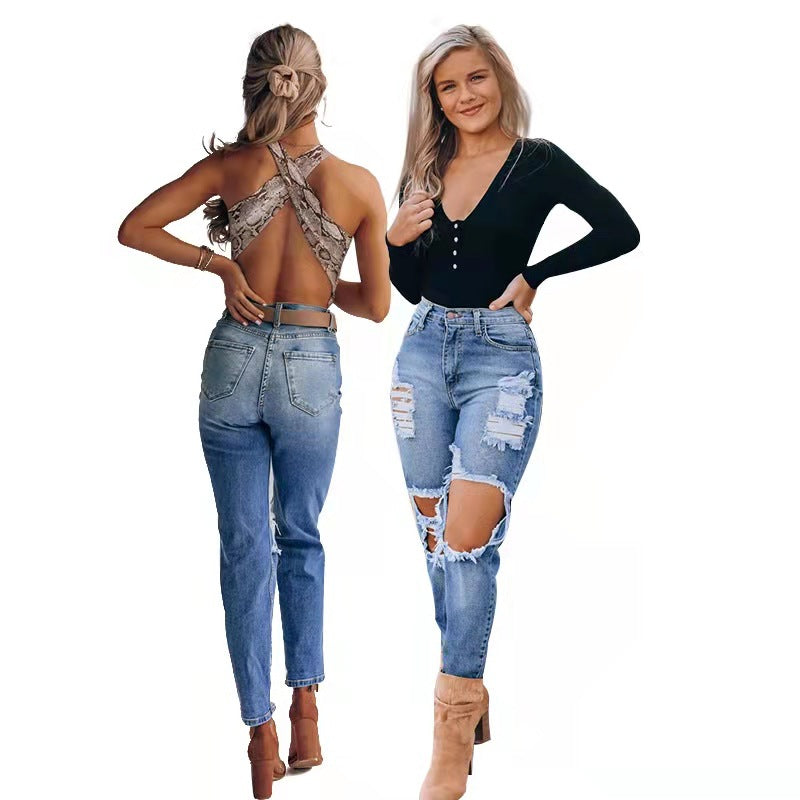 Urban Distressed Dark-Washed Mid-Waist Denim Jeans