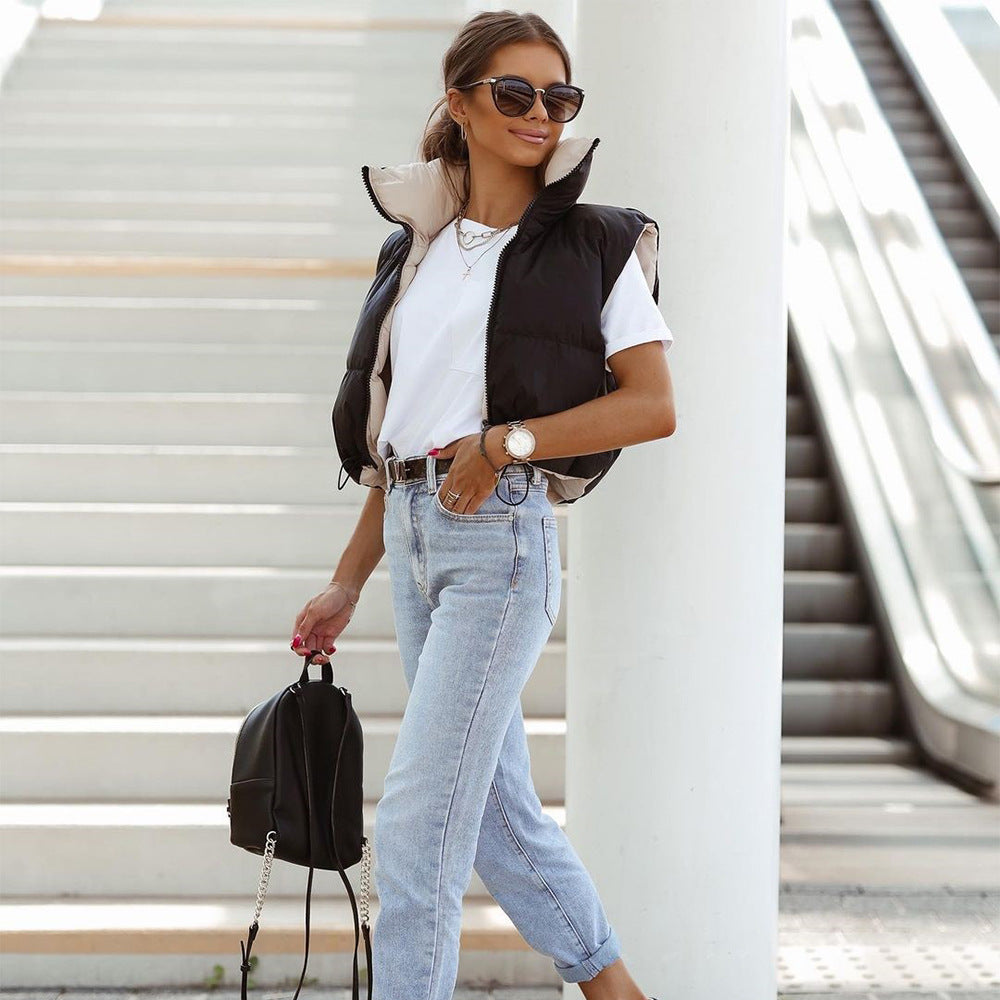 Double-Sided Cotton-Padded Stand-Collar Vest Jacket