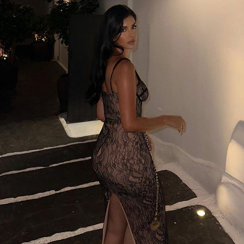 Stitched Backless Lace - Sleeveless Split Maxi Dress (7516660170840)