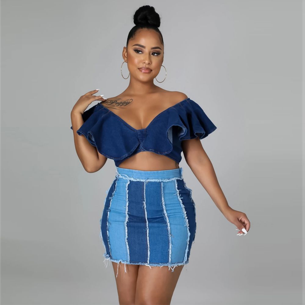 Off-Stitching High-Waist Denim Skirt (7522338275416)