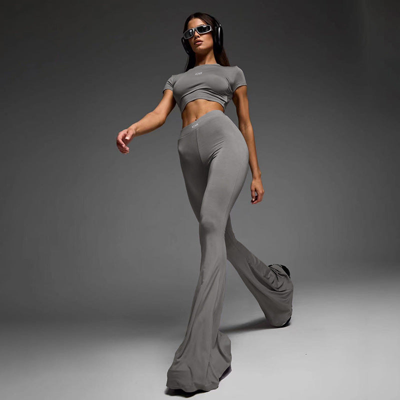 AOMR - Cropped Short Sleeves Top High Waist Flared Pants Two-Piece Set (7516855959640)