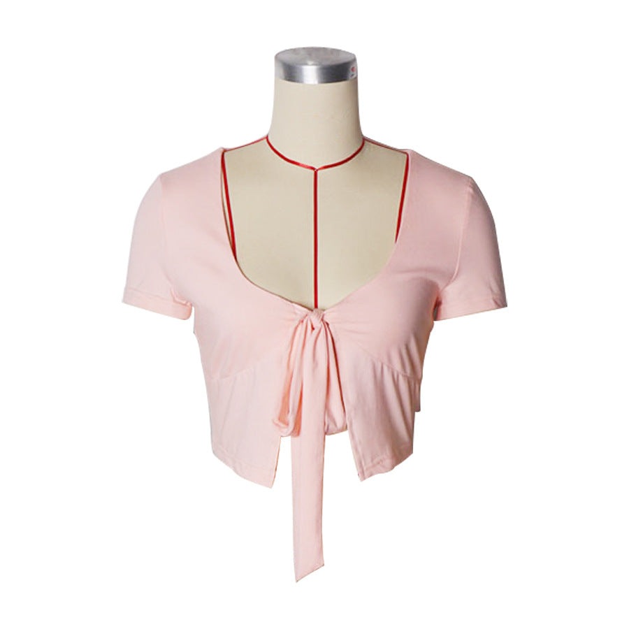 Short Sleeves Lace-Up Low-Cut Round Neck Vest Top