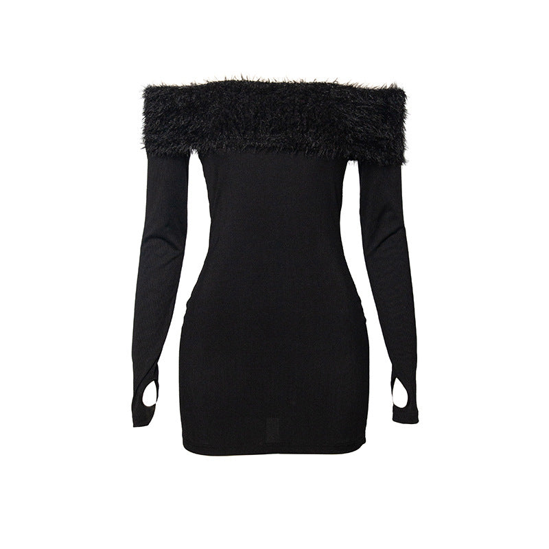 Off-Shoulder Plush - Solid Color Long Sleeves Short Dress (7516659875928)