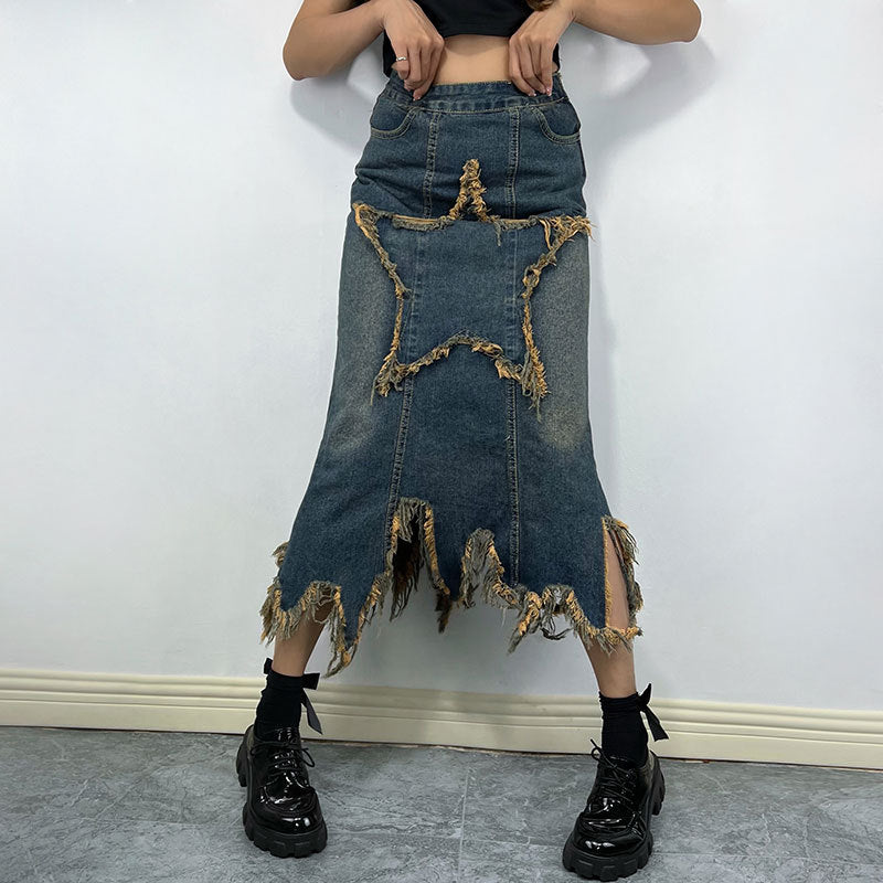 Retro High-Waist Asymmetric A-Line Star-Stitch Denim Skirt (7522342043736)