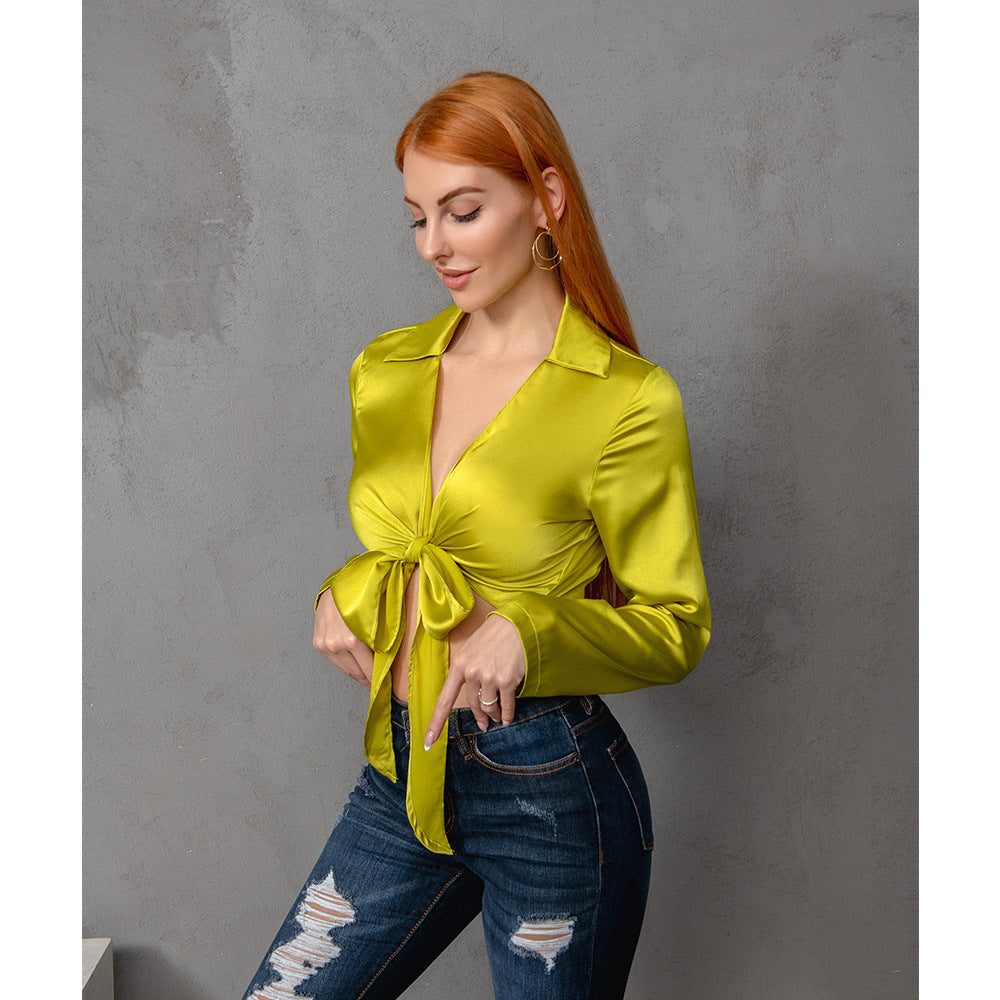 Blouse - Bow-Bundle Long Sleeved V Plunge Blouse Top (7518694735960)