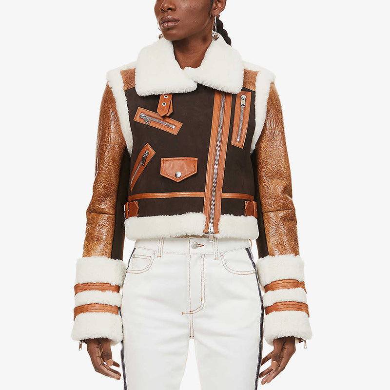 Winter Stars Oblique Zipper Fur Stitching Jacket (7524290363480)