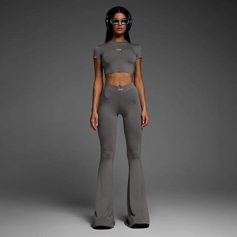 AOMR - Cropped Short Sleeves Top High Waist Flared Pants Two-Piece Set (7516855959640)