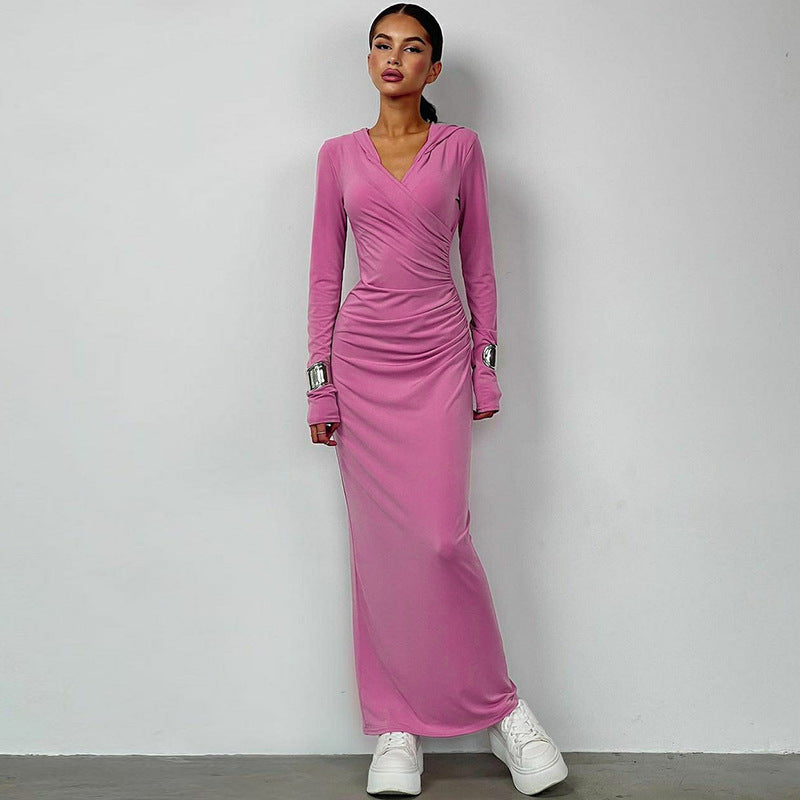 Hooded Solid Color Slim-Fit Maxi Dress (7524754686040)