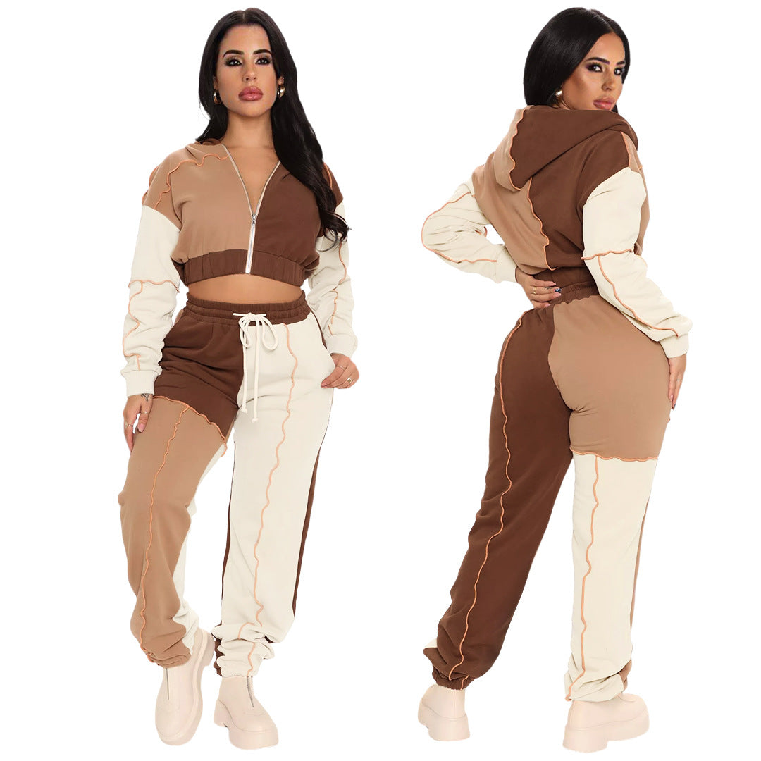 Multi-Fabric Zip-Up Hooded Stitching Sporty Two-Piece Set (7516840460376)