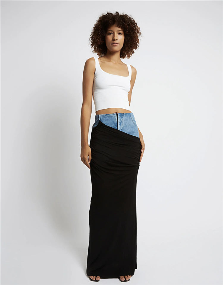 Modern High-Waist Solid Color Spandex & Denim Skirt (7522338603096)