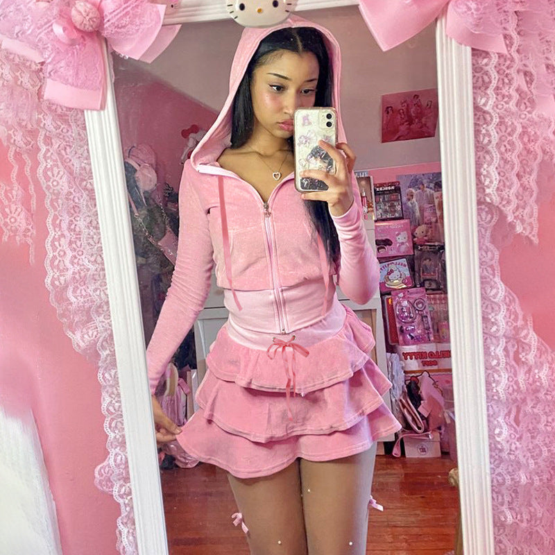 Solid Color Velvet Stitching Drawstrings Hooded Sweater & High-Waist Ruffle Skirt Two-Piece Set (7524302127192)