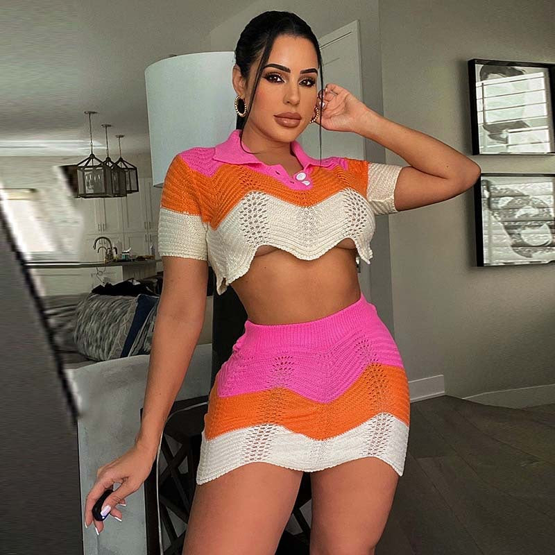 Contrast Color Wave Stripe Polo Collar Short Sleeves & Cropped High-Waist Skirt Two-Piece Set (7524280270936)
