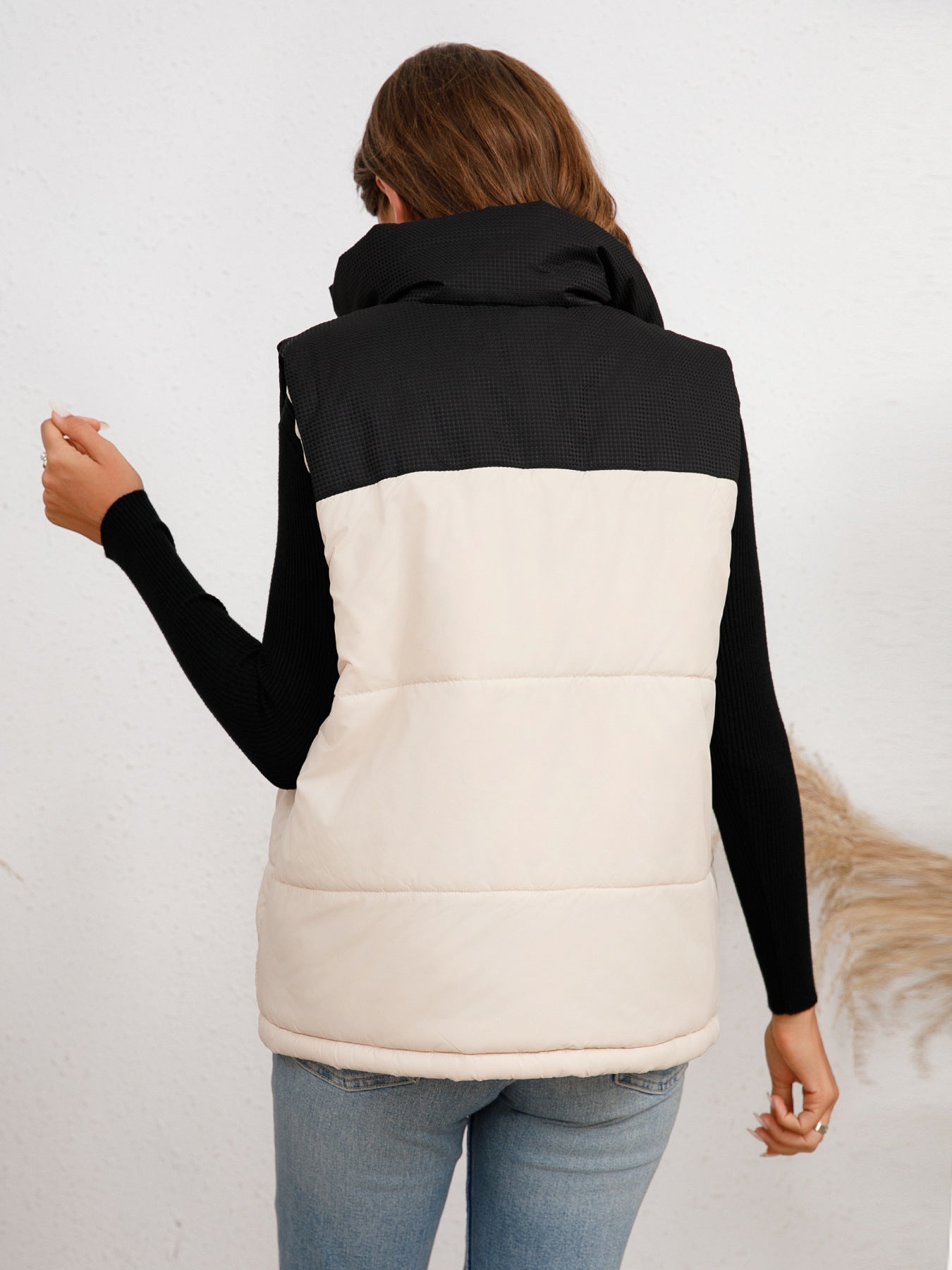 Stand-Collar Color Block Vest Coat