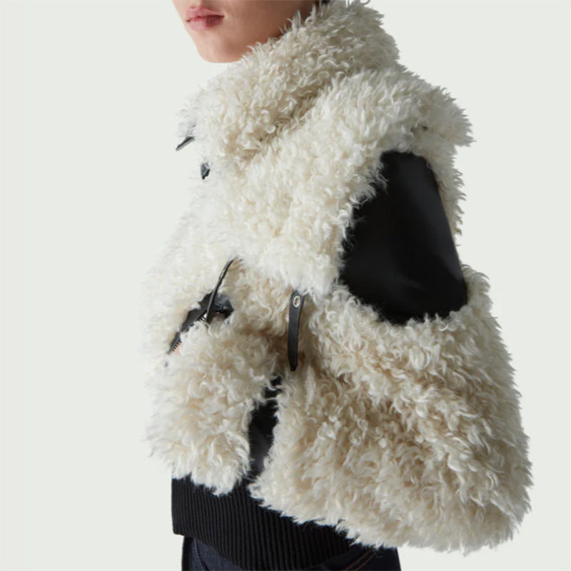 Faux Leather Lamb Wool Outer-Stitching Jacket Coat