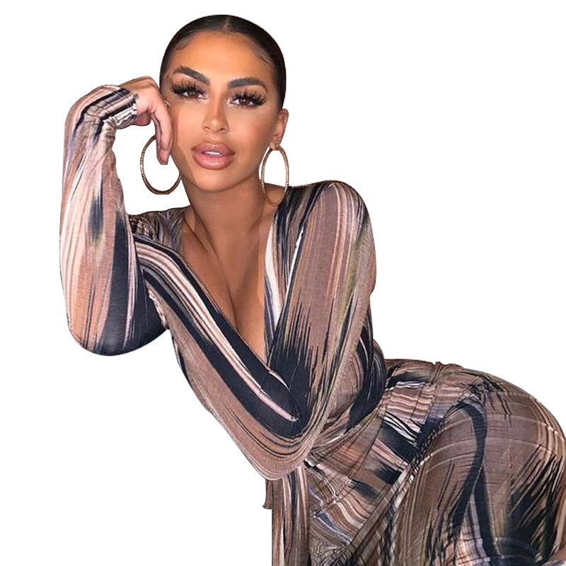 Plus-Size Deep V Plunge Printed Dress With Wrap-Around Belt Waist