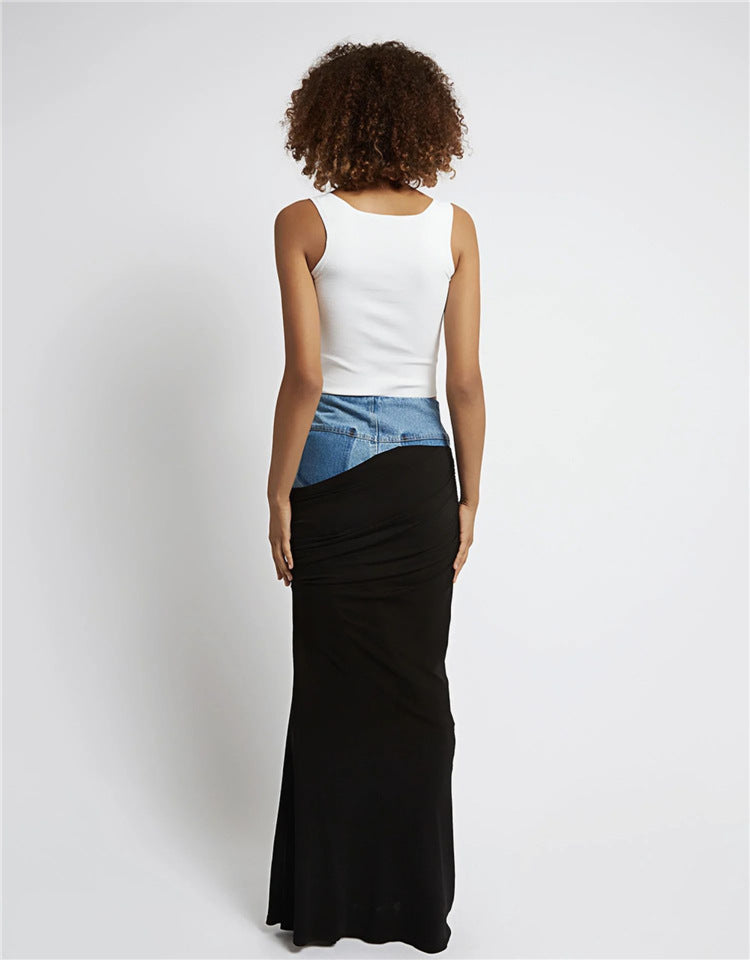 Modern High-Waist Solid Color Spandex & Denim Skirt (7522338603096)