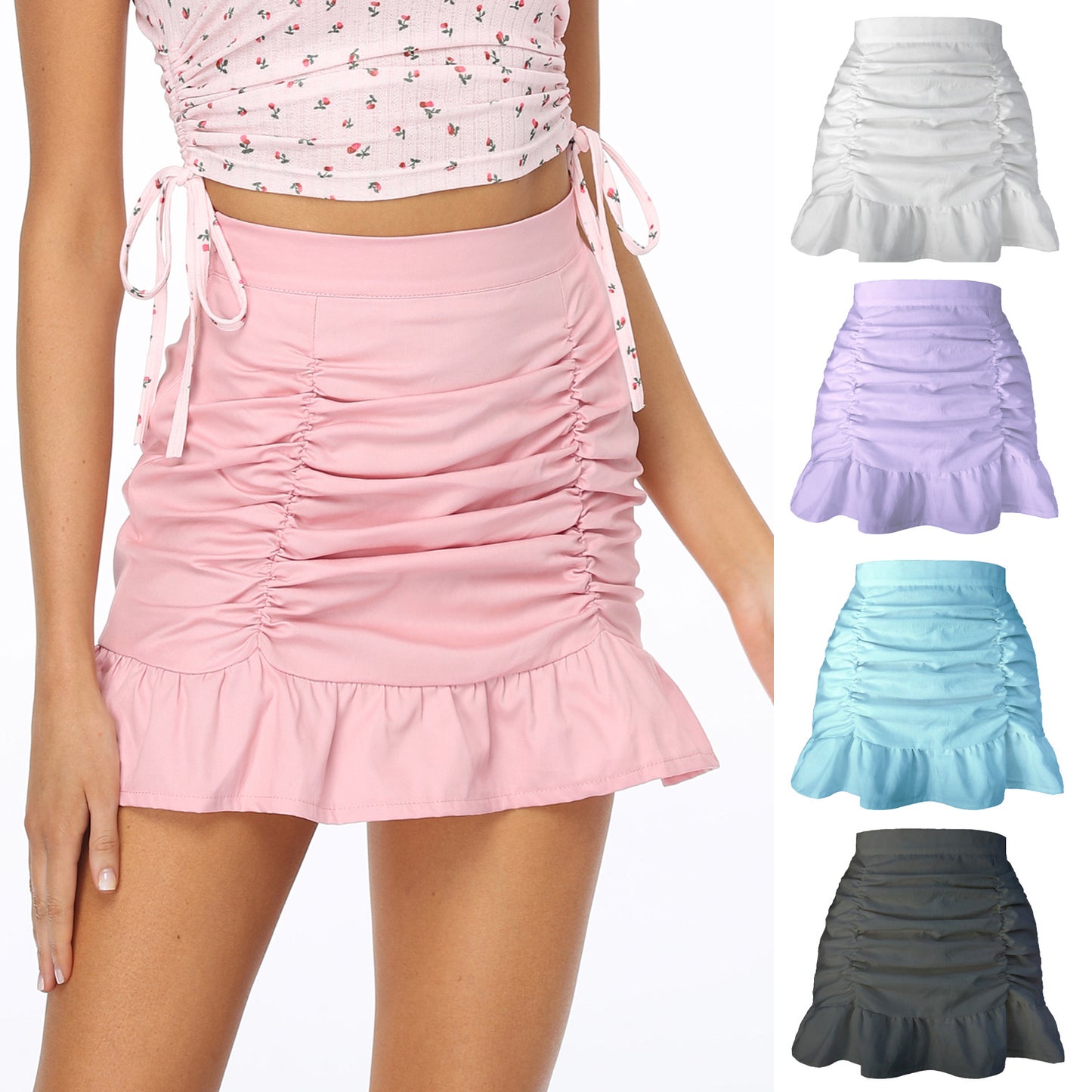 Solid Color Ruffled Zipper High Waist Fishtail Sheath Pleated Skirt