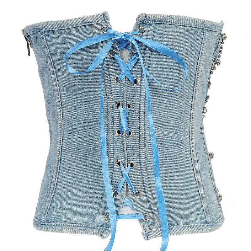 Diamond-Beaded - Diamond-Beaded Denim Tube Top (7517901488216)