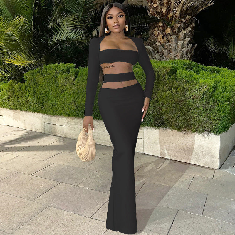 Solid Color Long Sleeves Skirt & Top Two-Piece Set (7524301963352)
