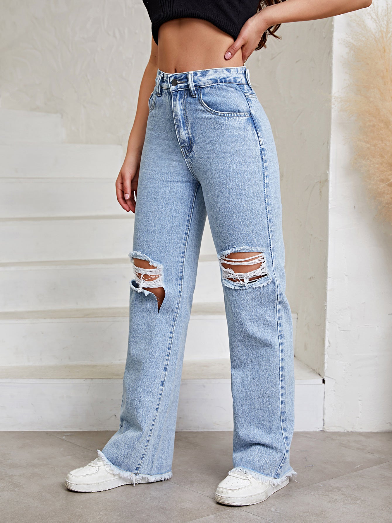 Distressed High-Waist Straight Leg Denim Jeans
