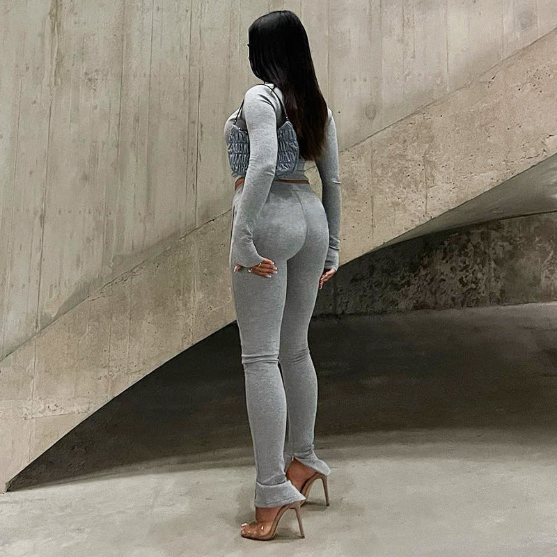 Solid Color Zip-Up - Stand-Collar Long-Sleeves & Yoga Pants Set (7516830335064)